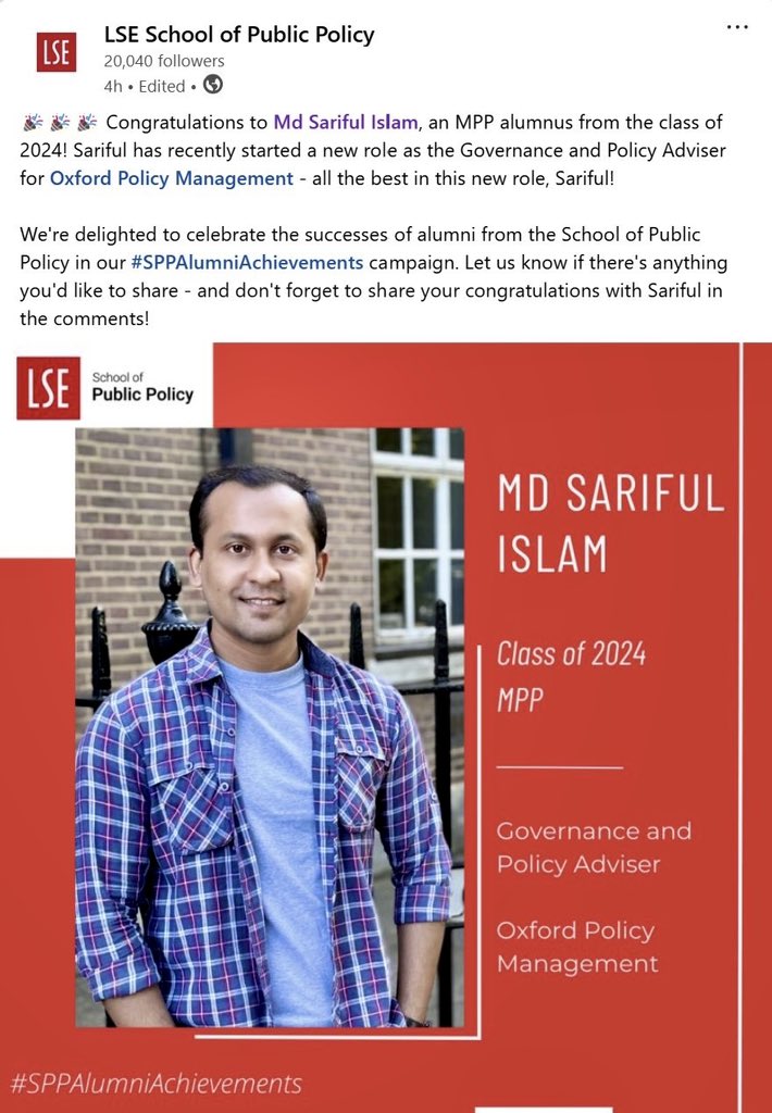 Md Sariful Islam (@thesarifulislam) on Twitter photo The <a href="/LSEPublicPolicy/">LSE School of Public Policy</a> shaped how I think about policymaking, not just through academics, but through inspiring people, conversations, & experiences. It was intense, but it prepared me to tackle complex challenges. Grateful for the brilliant community that continues to inspire me. The <a href="/LSEPublicPolicy/">LSE School of Public Policy</a> shaped how I think about policymaking, not just through academics, but through inspiring people, conversations, & experiences. It was intense, but it prepared me to tackle complex challenges. Grateful for the brilliant community that continues to inspire me.