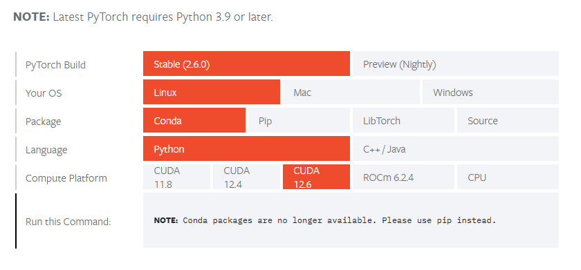 Pytorchのcondaパッケージでの提供がいつの間にか終わっていた。