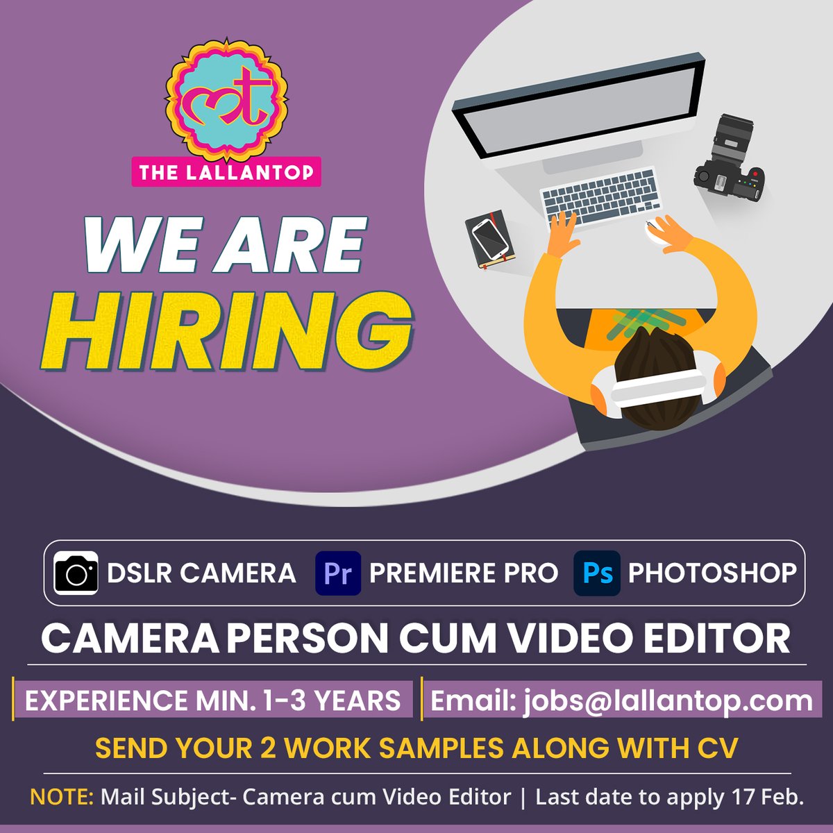 The Lallantop (@thelallantop) on Twitter photo दी लल्लनटॉप को आवश्यकता है Camera Person cum Video Editor की .
अगर आपको कैमरा हैंडल करने आता है, साथ ही प्रीमियर प्रो और फोटोशॉप पर रखते हैं तगड़ी पकड़. तो CV के साथ अपने काम के दो नमूने हमें मेल करें jobs@lallantop.com पर. याद रहे आपको सिर्फ अपने काम के 2 सैंपल भेजने हैं, दी लल्लनटॉप को आवश्यकता है Camera Person cum Video Editor की .
अगर आपको कैमरा हैंडल करने आता है, साथ ही प्रीमियर प्रो और फोटोशॉप पर रखते हैं तगड़ी पकड़. तो CV के साथ अपने काम के दो नमूने हमें मेल करें jobs@lallantop.com पर. याद रहे आपको सिर्फ अपने काम के 2 सैंपल भेजने हैं,