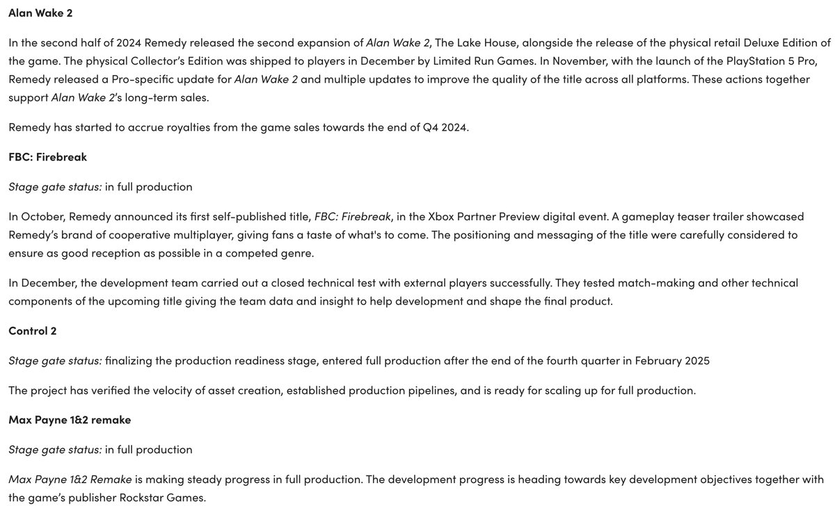 Wario64's tweet photo. Remedy: Alan Wake 2 sales exceeded 2 million units and the game started to accrue royalties

Max Payne 1 &amp; 2 Remake and FBC: Firebreak are in full production. Control 2 entering full production this month

https://t.co/4DmzHsT6fT https://t.co/mP890LRUCf