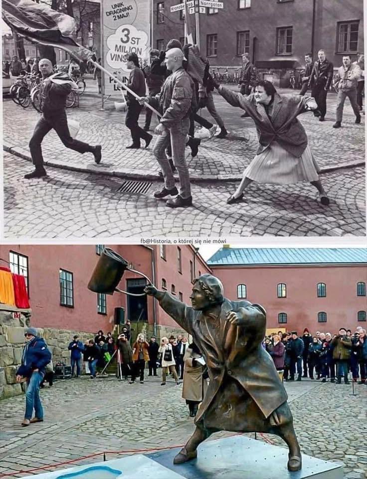 A Swedish neo nazi (who was later convicted of murder) is hit on the back of the head with a handbag by a brave woman in 1985

The woman? Danuta Daniellson, born in Gorzów Wielkopolskie, Poland, whose mother survived the German Nazi concentration camps of World War 2. 

Not all