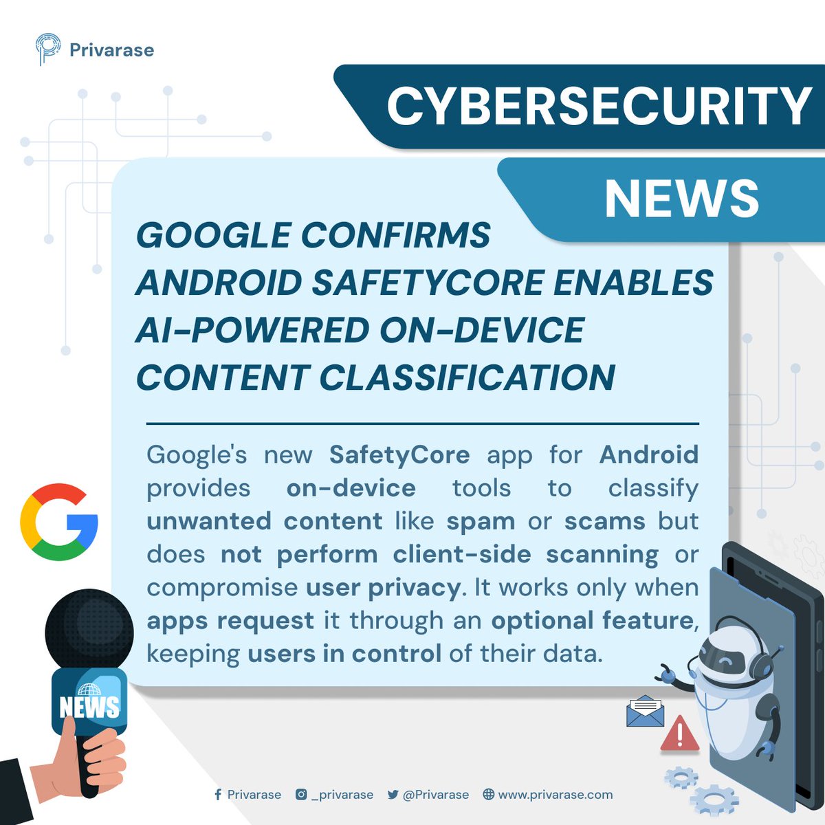 Privarase's tweet photo. 🚨 New Android Security Update! 🚨
Google’s SafetyCore uses on-device AI to detect spam and scams without risking user privacy. Users stay in control! 🔒📱

read more: https://t.co/S3nnQxrOEC

#Privarase #CyberSecurity #Android #Google #SafetyCore #AI #TechNews #UserControl https://t.co/LTgcNSGDfu