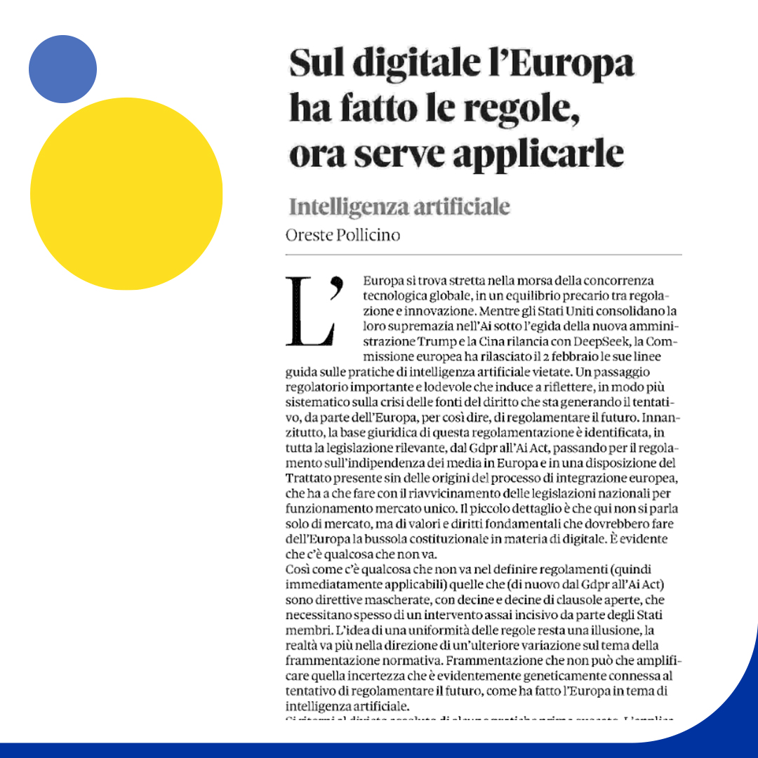 Internet non è più solo un'infrastruttura su cui si innestano norme e regolamenti.
🗞️"Sul #digitale l'Europa ha fatto le regole, ora serve applicarle" su <a href="/sole24ore/">IlSole24ORE</a> 

#IntelligenzaArtificiale <a href="/pensierosolido/">Fondazione Pensiero Solido</a> <a href="/FedericoRampini/">Federico Rampini</a> <a href="/Fabio_Piscini/">Fabio Piscini</a> <a href="/GiovannaDiTroia/">Giovanna Di Troia</a> <a href="/michelegentili/">Michele Gentili</a>