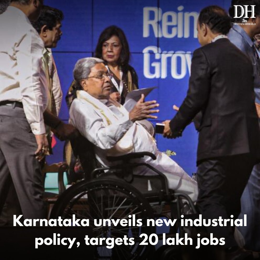 DeccanHerald's tweet photo. The #Karnataka government on Tuesday, #unveiled the state's new #IndustrialPolicy 2025-30, aiming to #attract Rs 7.5 lakh crore in #investments and #createjobs for 20 lakh people by 2030.

https://t.co/5hNRp0S7oP https://t.co/cFrb55rd9A