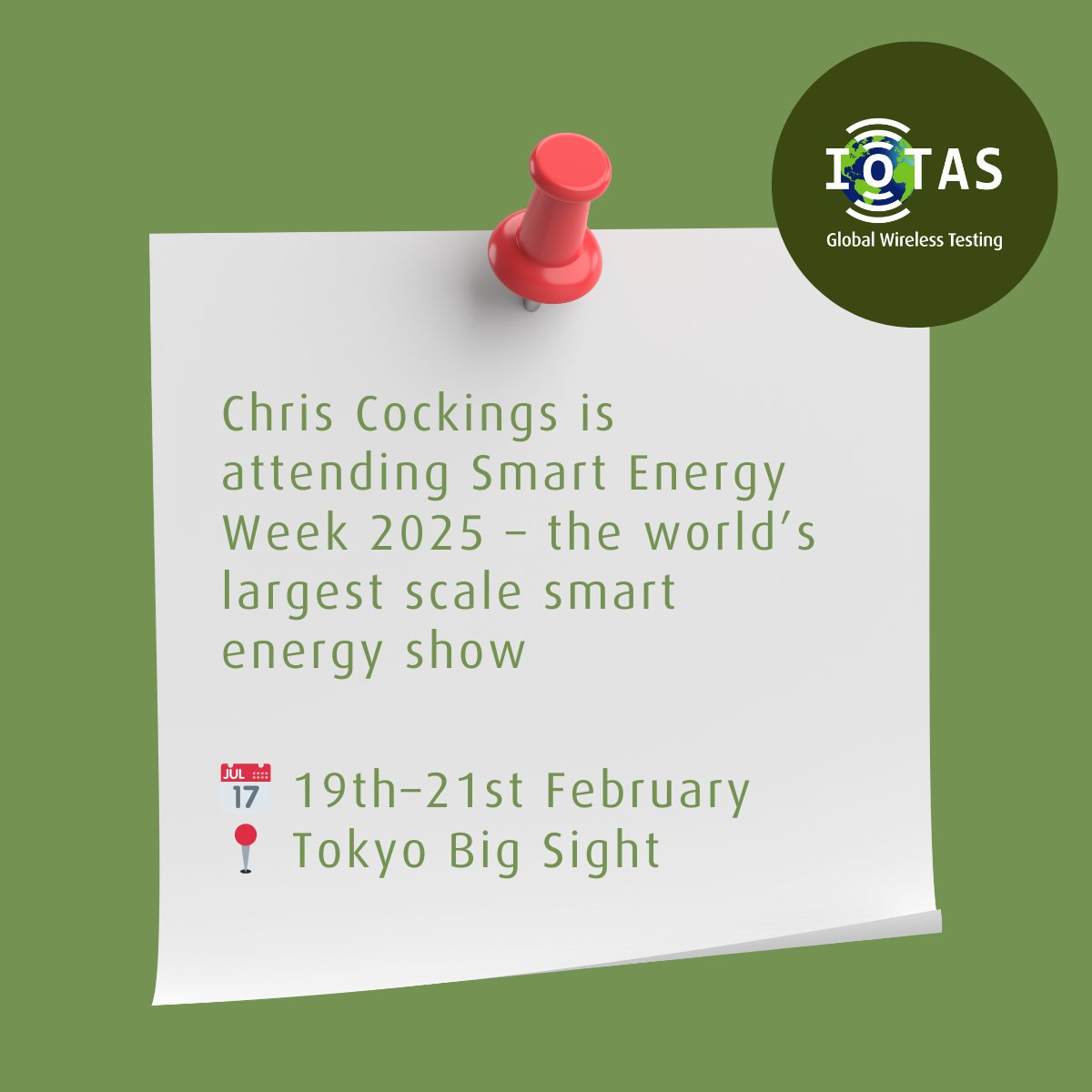 IoTAS (@iotas_uk) on Twitter photo Chris Cockings, who's based in Japan, is attending Smart Energy Week on 19th February at <a href="/T_Bigsight/">Tokyo Big Sight【公式】</a> 🇯🇵
It's the world's largest scale smart energy show and an opportunity to explore the latest in renewable energy technologies 💡
#WirelessTesting #MobileDevices #TechForGood Chris Cockings, who's based in Japan, is attending Smart Energy Week on 19th February at <a href="/T_Bigsight/">Tokyo Big Sight【公式】</a> 🇯🇵
It's the world's largest scale smart energy show and an opportunity to explore the latest in renewable energy technologies 💡
#WirelessTesting #MobileDevices #TechForGood