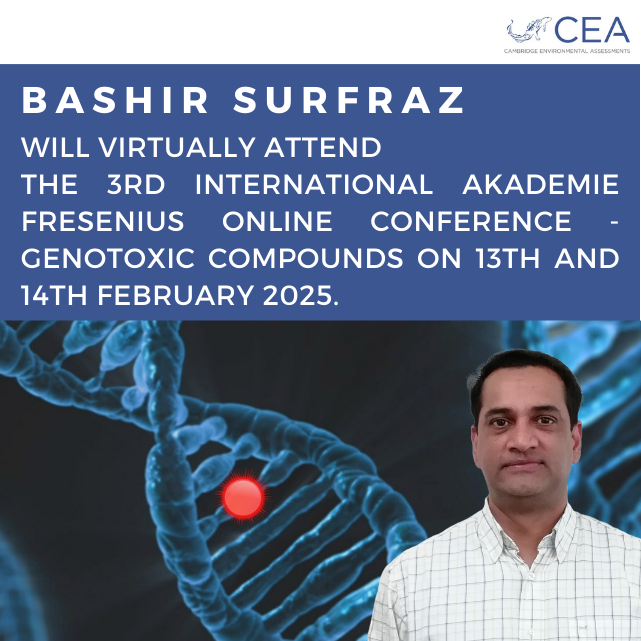 Dr Bashir Surfraz, MRSC will virtually attend the 3rd International Akademie Fresenius Online Conference - Genotoxic Compounds on 13th &amp; 14th February 2025. To find out more about what we get up to, visit our website...

cea.adas.co.uk