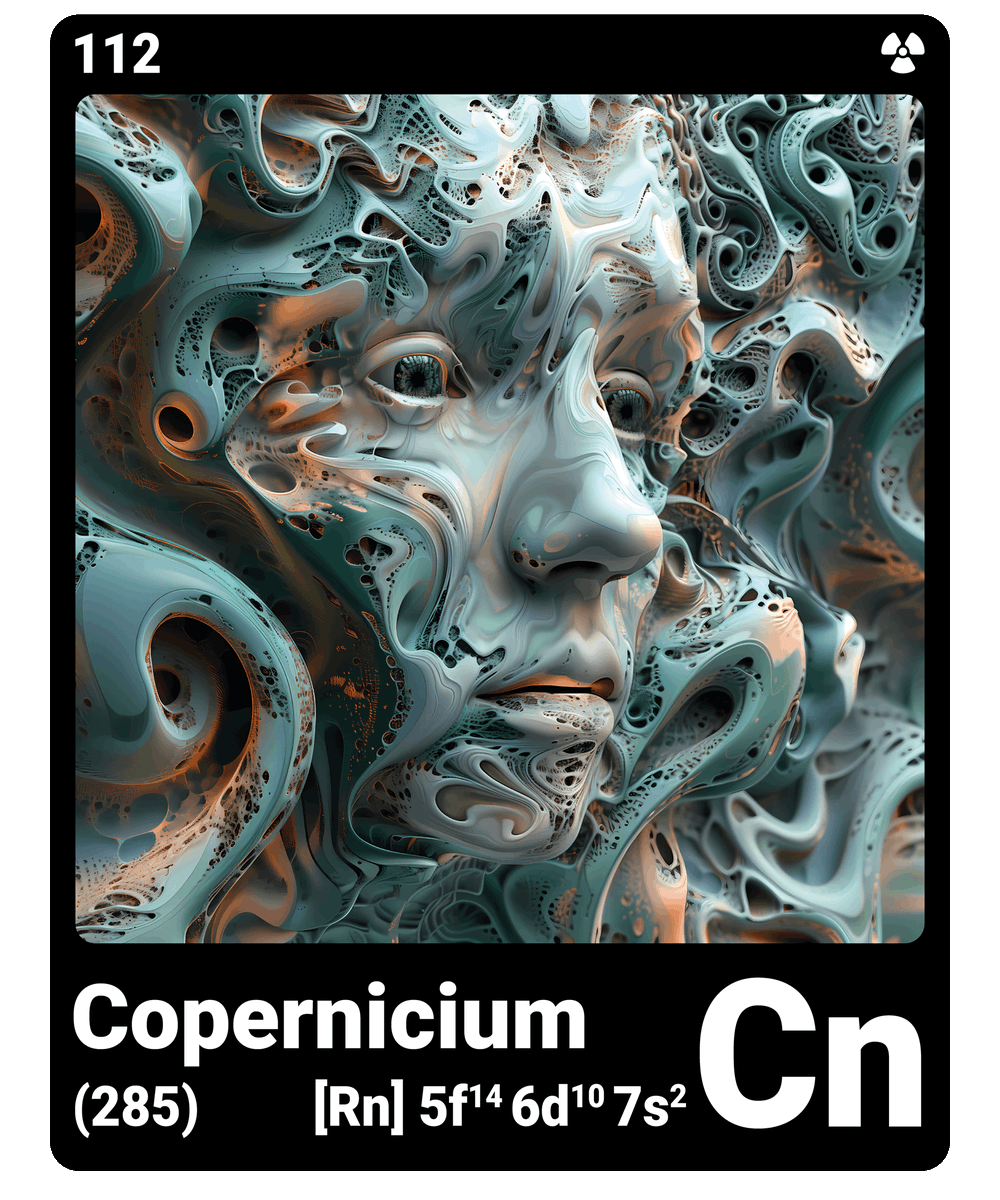 br_AI_king's tweet photo. brAIking This is what it looks like when AI gives the chemical element copernicium a face - find all ChemicalElements in the bio ScienceArt https://t.co/B0Xu4FH51m