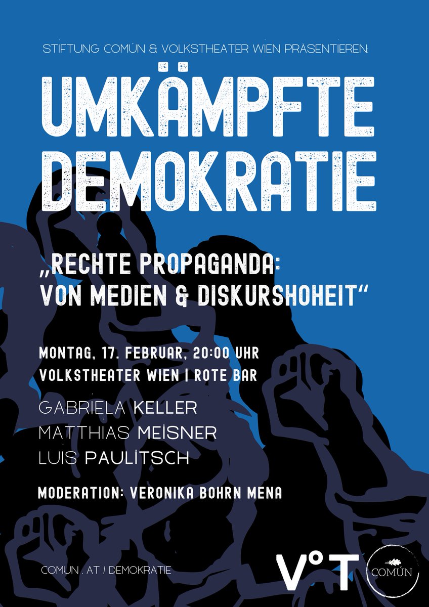 Veronika Bohrn Mena (@vbohrnmena) on Twitter photo In einer Woche geht es mit unserer Reihe #umkämpfteDemokratie im <a href="/Volkstheater_W/">Volkstheater Wien</a> weiter! Ich freue mich schon sehr auf <a href="/gabrielakeller/">gabriela keller</a>, <a href="/MatthiasMeisner/">Matthias Meisner</a> und <a href="/luis_paulitsch/">Luis Paulitsch</a>, wir reden über Propaganda und "alternative" Medien, kommt vorbei! Karten gibt es hier: In einer Woche geht es mit unserer Reihe #umkämpfteDemokratie im <a href="/Volkstheater_W/">Volkstheater Wien</a> weiter! Ich freue mich schon sehr auf <a href="/gabrielakeller/">gabriela keller</a>, <a href="/MatthiasMeisner/">Matthias Meisner</a> und <a href="/luis_paulitsch/">Luis Paulitsch</a>, wir reden über Propaganda und "alternative" Medien, kommt vorbei! Karten gibt es hier: