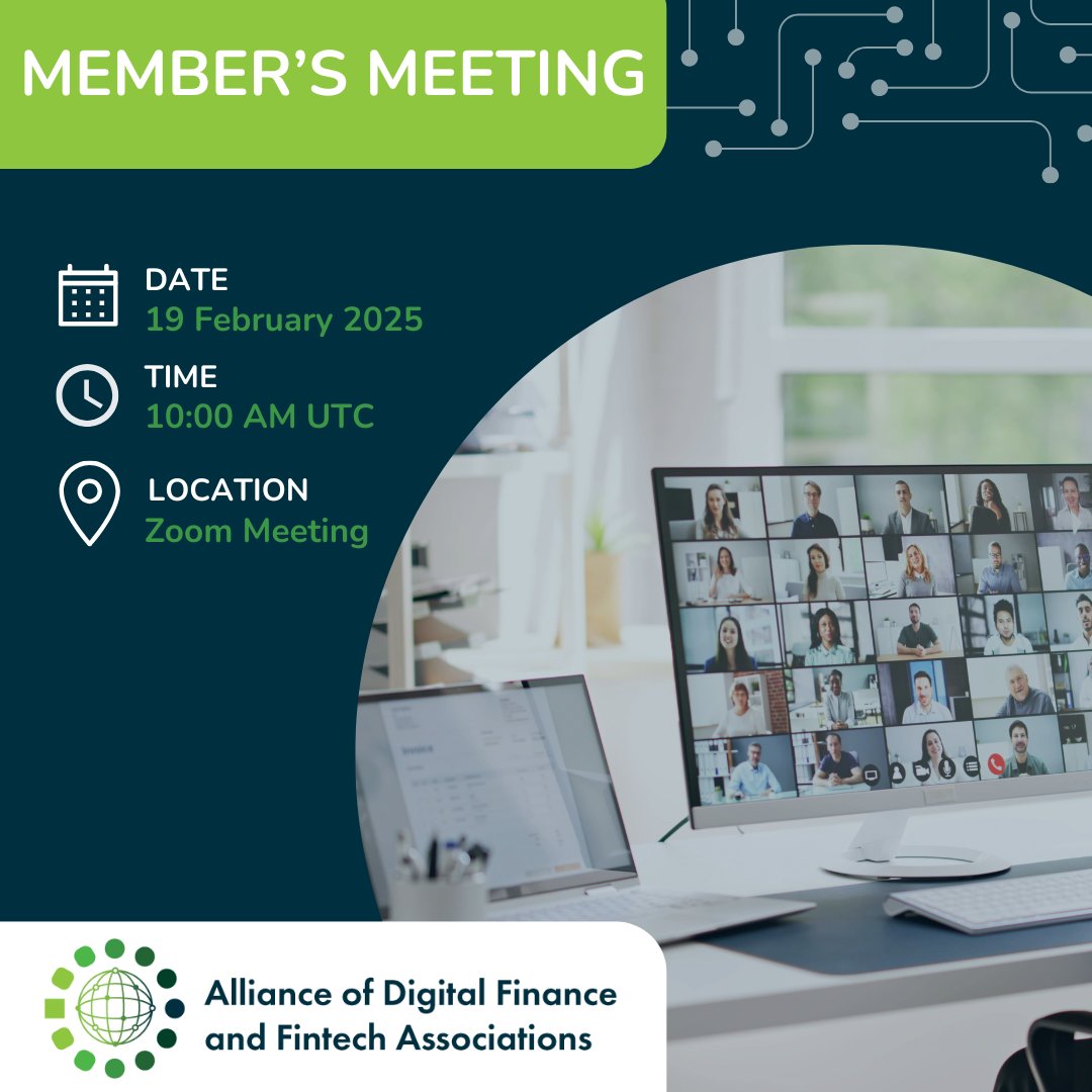 Alliance of Digital Finance & Fintech Associations (@alliancedfa) on Twitter photo Mark your calendars 🗓️ Our next <a href="/AllianceDFA/">Alliance of Digital Finance & Fintech Associations</a> Members' Meeting is on 19 February. Connect with fellow DFAs in our membership base, explore key updates, and engage in discussions that drive impact. Mark your calendars 🗓️ Our next <a href="/AllianceDFA/">Alliance of Digital Finance & Fintech Associations</a> Members' Meeting is on 19 February. Connect with fellow DFAs in our membership base, explore key updates, and engage in discussions that drive impact.