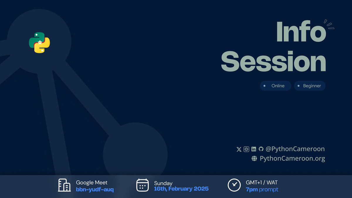 PythonCameroon's tweet image. Hello Cameroon!!!

Python Cameroon opens back its doors  several amazing opportunities.

Don&apos;t miss our info session this weekend.

#PythonCameroon #Python237