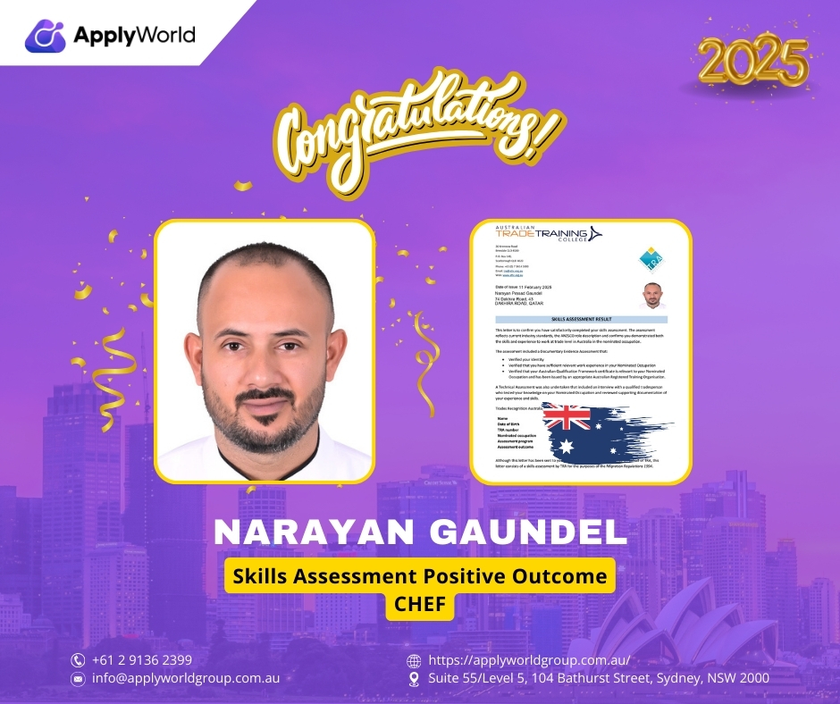 ApplyWorldGroup's tweet image. Excellent News!

Apply World Group is excited to share that our client, Narayan Gaundel, received a Positive Outcome as a Chef on his Skills Assessment! Congratulations! Thank you for choosing our team to help you. We are proud of you!

#ApplyWorldGroup #SkillsAssessment
