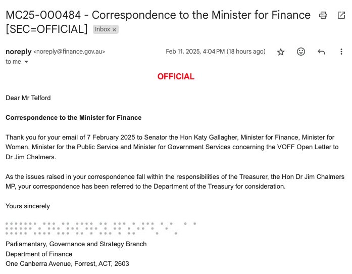flagsuperfraud's tweet photo. Victims of Financial Fraud (VOFF Inc) appreciated that Senatort Katy Gallagher forwarding the 8-page Open Letter (financial regulator misled the public over the Trio Capital fraud matter) on to Treasurer Dr Jim Chalmers.
https://t.co/hIgUahD4xZ https://t.co/M0p4RDiTdS