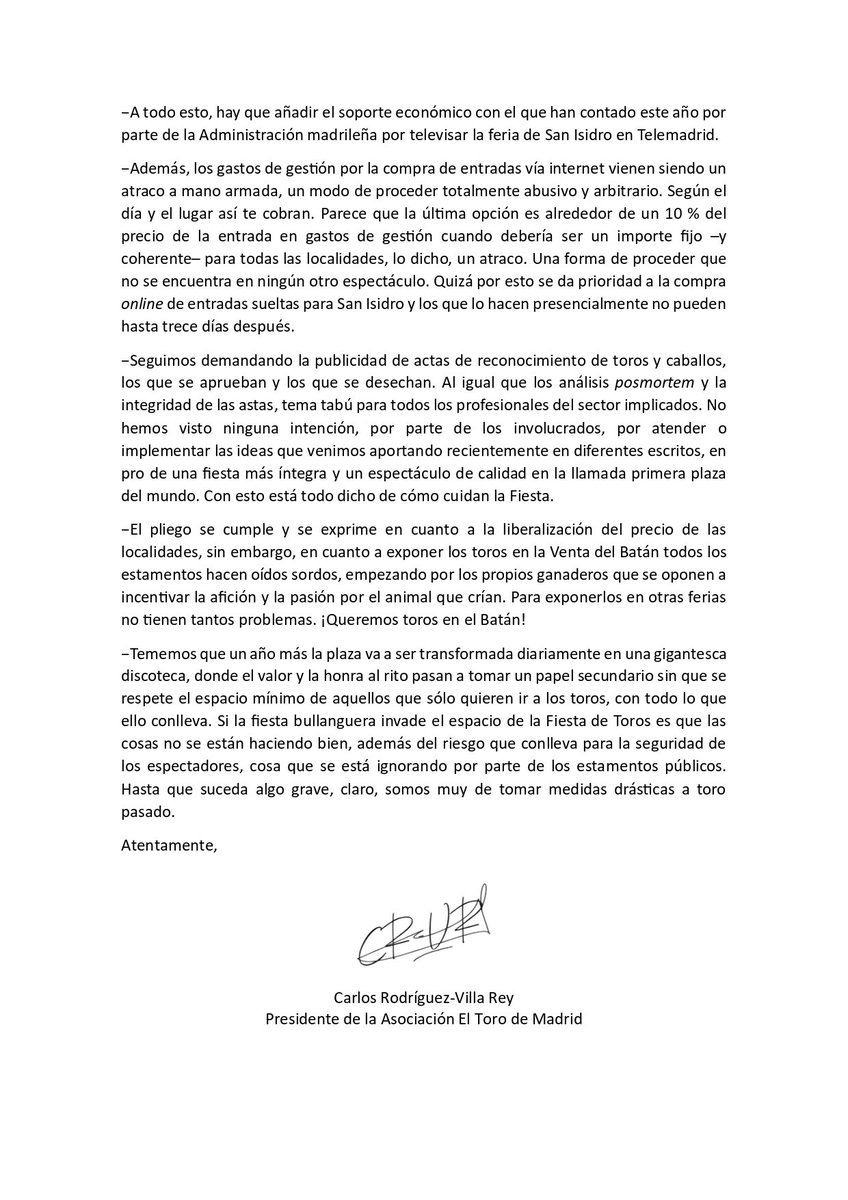 En la mañana de hoy hemos remitido el siguiente escrito en relación al inicio de temporada y de la feria de San Isidro a diversos estamentos.