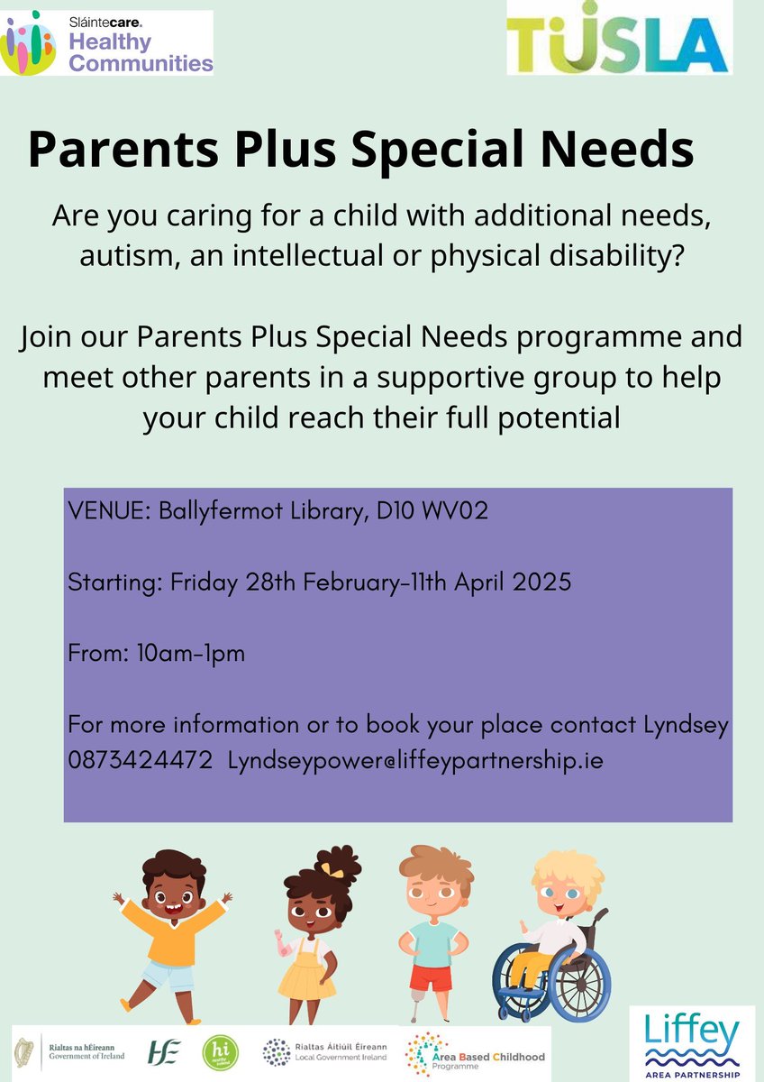 HSE Dublin and Midlands, Health & Wellbeing (@hw_hsedubmid) on Twitter photo Are you a parent of a child with additional needs living in Ballyfermot or Cherry Orchard?
Join the upcoming Special Needs programme for parents:
📍 Ballyfermot Library, D10 WV02
🕘 Starts 28th February, 10am - 1pm, 7wk course
📞 087 342 4472 lyndseypower@liffeypartnership.ie Are you a parent of a child with additional needs living in Ballyfermot or Cherry Orchard?
Join the upcoming Special Needs programme for parents:
📍 Ballyfermot Library, D10 WV02
🕘 Starts 28th February, 10am - 1pm, 7wk course
📞 087 342 4472 lyndseypower@liffeypartnership.ie