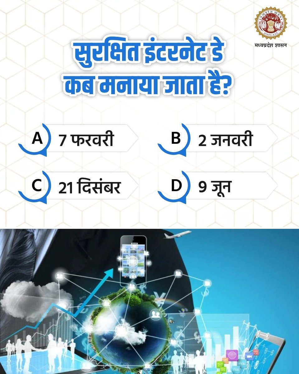 mohdept's tweet image. सुरक्षित इंटरनेट डे कब मनाया जाता है? 

@DrMohanYadav51 #SaferInternetDay #JansamparkMP #MPNEWS