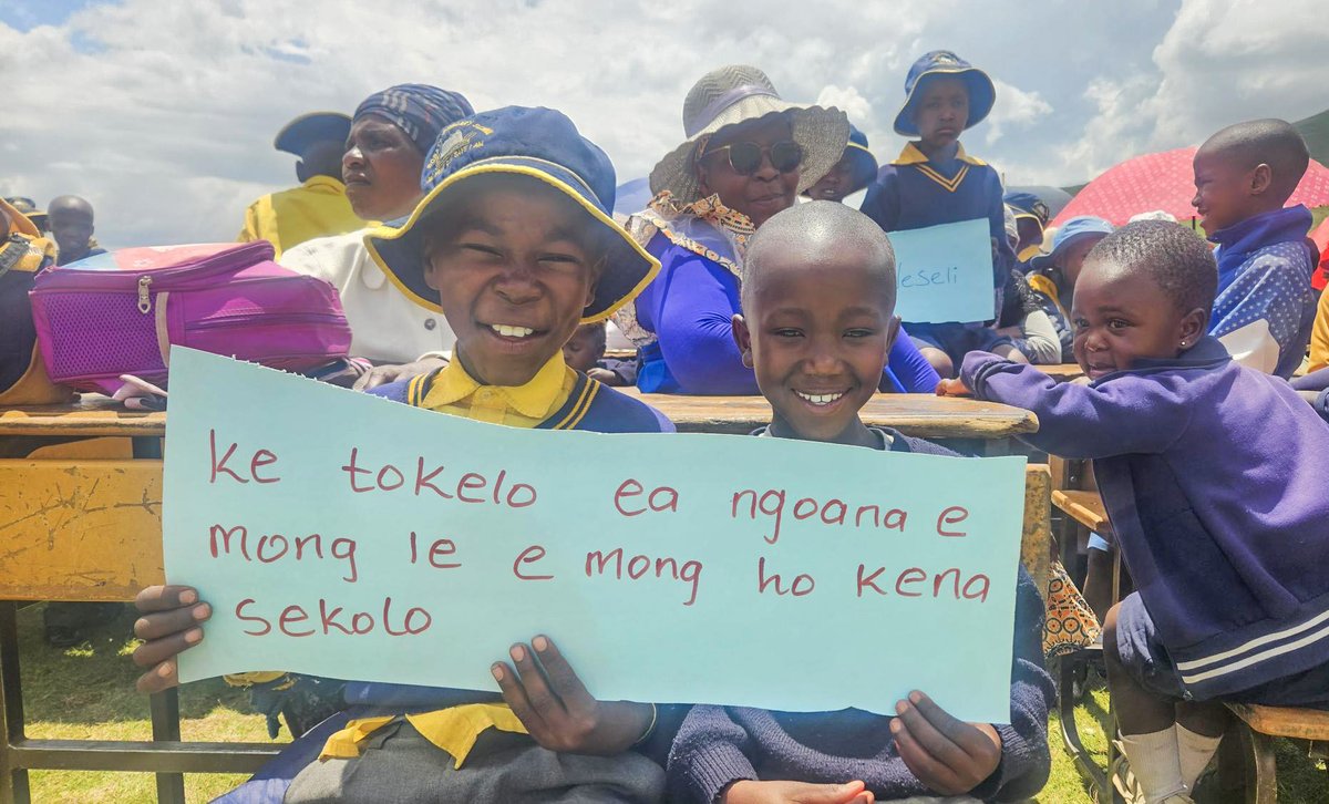 WorldvisionLS's tweet photo. 📚✨ A special #BacktoSchool celebration at Bobatsi Primary School, Mokhotlong!
We engaged in games, dances &amp; meals—creating joy &amp; inclusion. 50 students received new school shoes! 👟
Students advocated for their rights, holding placards : “Every child has a right ducation.” https://t.co/XAXTIzZhzp