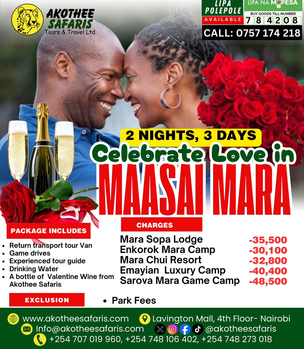 Akothee Kenya™ (@akotheekenya) on Twitter photo How are you planning to celebrate love this Valentine’s? 💕
<a href="/akotheesafaris/">AKOTHEE SAFARIS</a> has unbeatable packages to make this Valentine’s Day unforgettable✨
Contact us today😀
We also accept Lipa Pole Pole payments via Till No. 516600 | Account No. 189680
#FikaPlaces with #AkotheeSafaris How are you planning to celebrate love this Valentine’s? 💕
<a href="/akotheesafaris/">AKOTHEE SAFARIS</a> has unbeatable packages to make this Valentine’s Day unforgettable✨
Contact us today😀
We also accept Lipa Pole Pole payments via Till No. 516600 | Account No. 189680
#FikaPlaces with #AkotheeSafaris