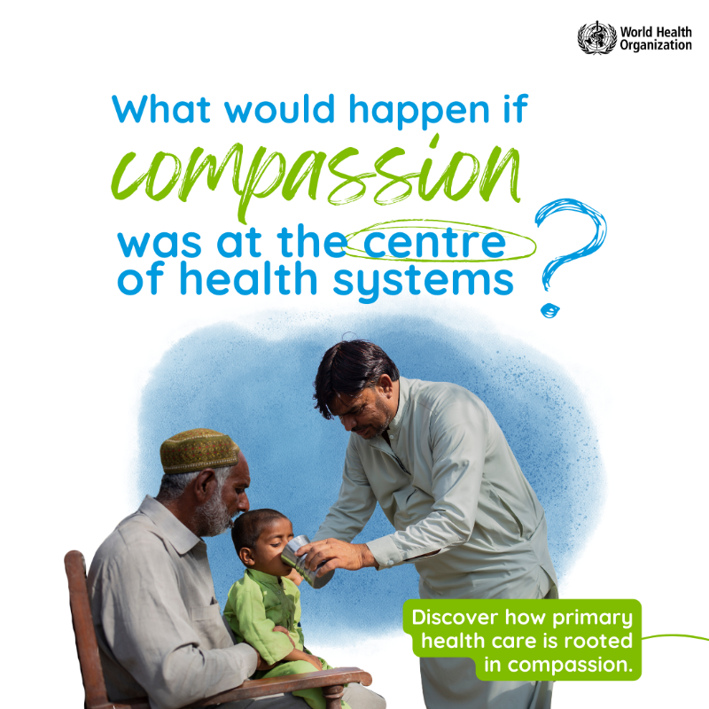 WHO's tweet photo. Compassion is vital to the health care we receive. Focusing on compassion ensures that we work towards the needs of people. 

Check out the recently released WHO publication on compassion and primary health care. #HealthForAll