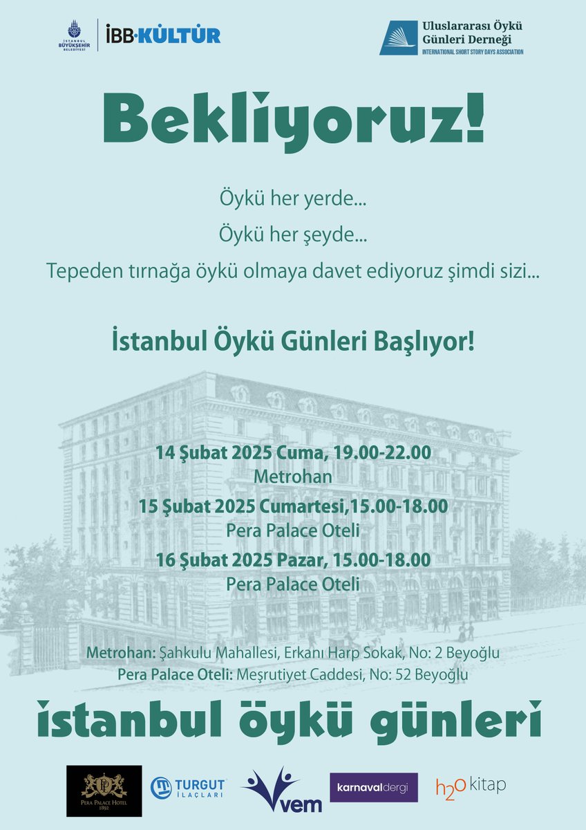 h2o kitap (@h2okitap) on Twitter photo İstanbul Öykü Günleri Başlıyor!
Metrohan ve Pera Palace Oteli'ndeki söyleşi ve etkinlikler 14, 15 ve 16 Şubat'ta.
<a href="/oykugunleri/">öykügünleriderneği</a>
h2okitap.com/istanbul-oyku-…
<a href="/ibb_kultur/">İBB Kültür</a> <a href="/PeraPalaceHotel/">Pera Palace Hotel</a> <a href="/karnavaldergi/">Karnaval Dergi</a> <a href="/sureyyakole/">süreyya köle</a> <a href="/NazireKGursel/">Nazire Kalkan Gürsel</a> <a href="/gulsun_z/">Gül Gülsün Yıldız</a> <a href="/ilaybilgili/">ilaybilgili</a> İstanbul Öykü Günleri Başlıyor!
Metrohan ve Pera Palace Oteli'ndeki söyleşi ve etkinlikler 14, 15 ve 16 Şubat'ta.
<a href="/oykugunleri/">öykügünleriderneği</a>
h2okitap.com/istanbul-oyku-…
<a href="/ibb_kultur/">İBB Kültür</a> <a href="/PeraPalaceHotel/">Pera Palace Hotel</a> <a href="/karnavaldergi/">Karnaval Dergi</a> <a href="/sureyyakole/">süreyya köle</a> <a href="/NazireKGursel/">Nazire Kalkan Gürsel</a> <a href="/gulsun_z/">Gül Gülsün Yıldız</a> <a href="/ilaybilgili/">ilaybilgili</a>