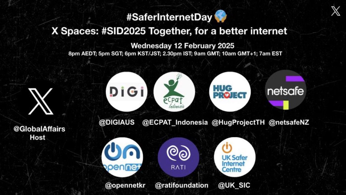 Join Xspace bareng ECPAT dan  X/Twitter di 
x.com/i/spaces/1jMKg… dalam rangka Safer Internet Day 2025
<a href="/GlobalAffairs/">Global Government Affairs</a>