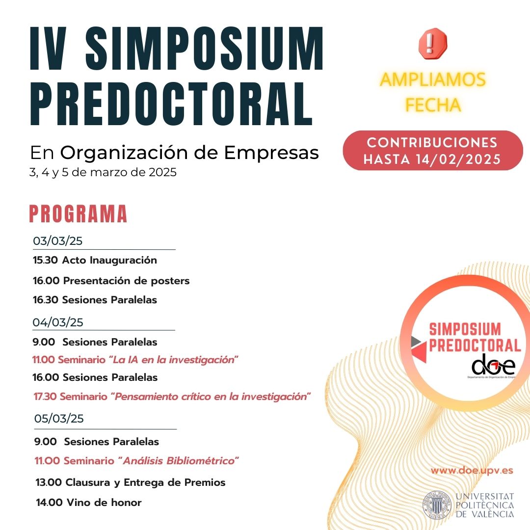 📢 ¡Últimos días para participar en el IV Simposium Predoctoral! ⏳

El plazo de entrega de contribuciones finaliza el 14 de febrero. ¡Aprovecha la oportunidad!

📅 3-5 de marzo de 2025
📍 Formato híbrido

👉Inscríbete: lnkd.in/dDewTtnr 
📷Más info: lnkd.in/dkJzkyQe