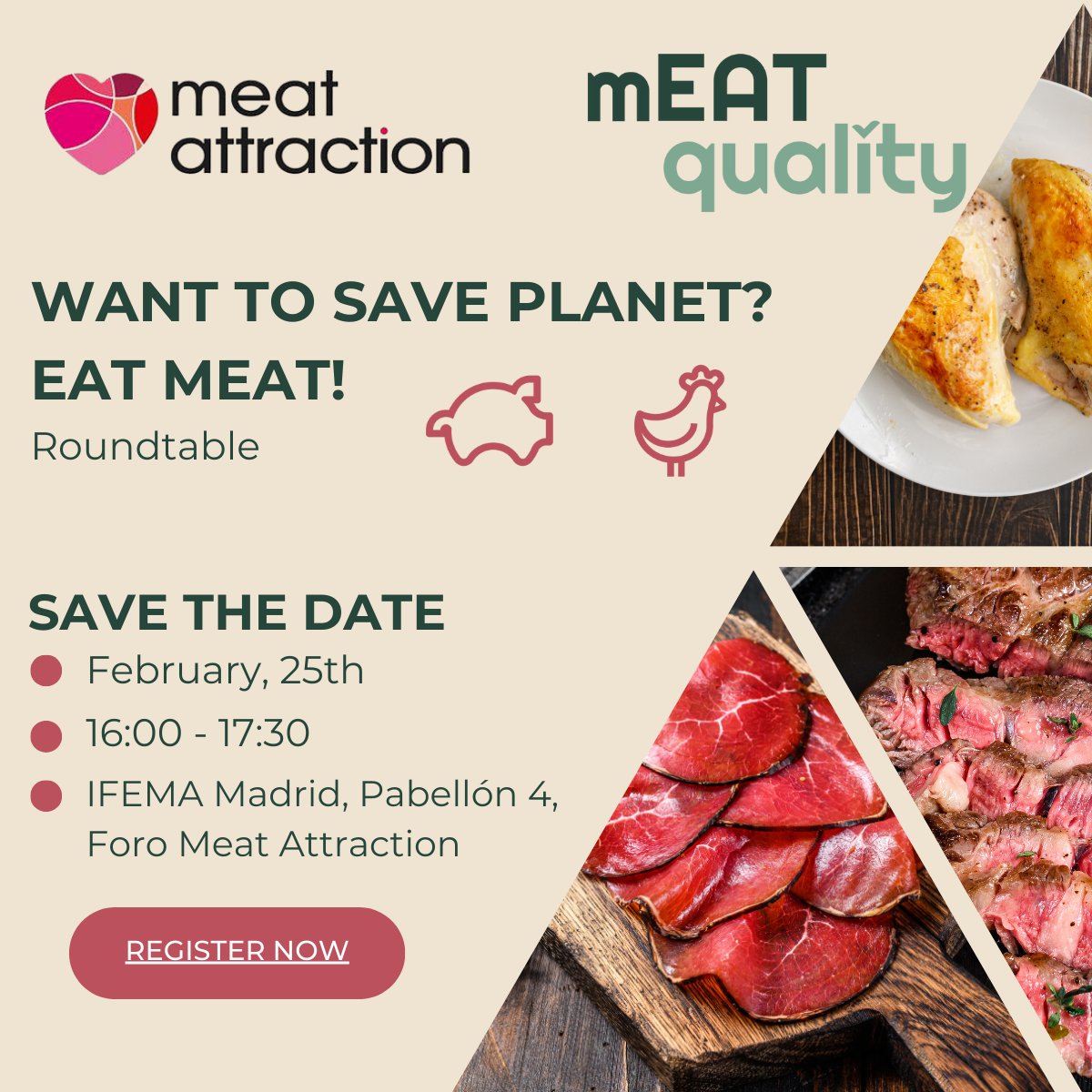 mEATquality at <a href="/MeatAttraction/">Meat Attraction</a>  2025!
Roundtable: "Do you want to save the planet? Eat meat".
🗓 Feb 25, 16:00
📍 IFEMA Madrid, Pabellón 4, Foro Meat Attraction
Register: forms.gle/emmoD2uekEbQKP…
<a href="/WUR/">Wageningen U&R</a> @up_poznan <a href="/crpasocial/">CRPA</a> <a href="/Ecovalia/">Ecovalia</a> <a href="/EU_H2020/">Horizon 2020</a> <a href="/VeterinariaUCO/">Facultad de Veterinaria UCO</a> <a href="/usal/">Universidad de Salamanca</a> <a href="/ANICE_ES/">ANICE</a>