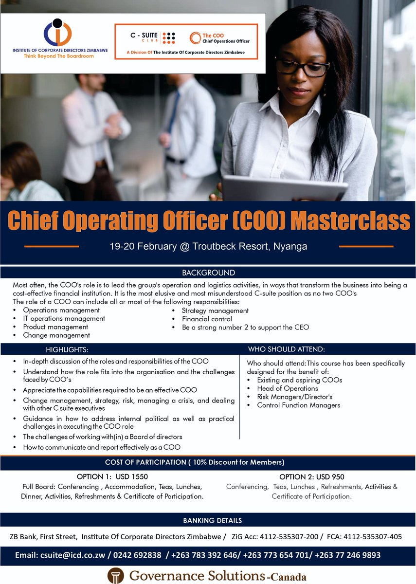 Elevate. Excel. Transcend.  

Would you be able to seize it? 

Email: csuite@icd.co.zw  
Call: 0242 692838; +263 783 392 646; +263 773 654 701; +263 77 246 9893  

#ChiefOperationsOfficer #LeadershipMastery #Csuite #unlockexcelle