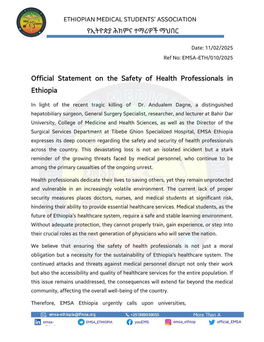 official_EMSA's tweet photo. Official Statement on the Safety of Health Professionals in Ethiopia

EMSA Ethiopia Executive Board 2024/25

EMSA-Ethiopia | More than a student! 

📲🌐 Follow us on 
Telegram | Instagram | LinkedIn | Twitter | Facebook https://t.co/7FuqlOeJ3m