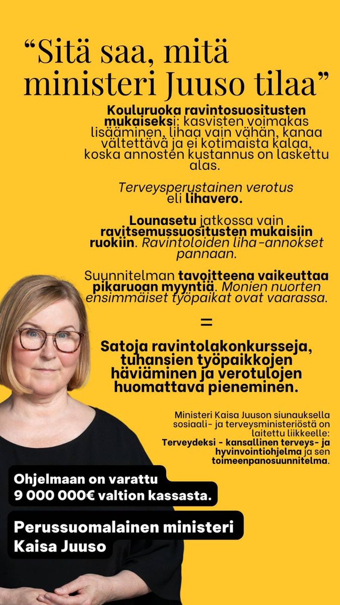 Tuomas Kettunen (@kettunentuomas) on Twitter photo SitÀ saa, mitÀ ministeri Juuso tilaa.
Esitys ettÀ valtio pÀÀttÀisi mitÀ ihmiset syövÀt? LounassetelillÀ ainoastaan vege ja terveysperusteinen verotus eli lihavero.
<a href="/persut/">Perussuomalaiset</a> âsaat mitĂ€ tilaatâ on muuttumassa âsitĂ€ saa, mitĂ€ Juuso tilaaâ
#vegevallankumous SitÀ saa, mitÀ ministeri Juuso tilaa.
Esitys ettÀ valtio pÀÀttÀisi mitÀ ihmiset syövÀt? LounassetelillÀ ainoastaan vege ja terveysperusteinen verotus eli lihavero.
<a href="/persut/">Perussuomalaiset</a> âsaat mitĂ€ tilaatâ on muuttumassa âsitĂ€ saa, mitĂ€ Juuso tilaaâ
#vegevallankumous