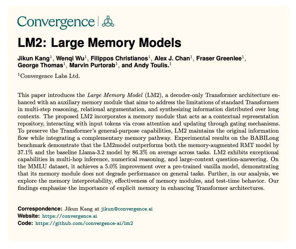 Large Memory Models for Long-Context Reasoning

This paper focuses on improving long-context reasoning with explicit memory mechanisms.

It presents LM2, a Transformer-based architecture equipped with a dedicated memory module to enhance long-context reasoning, multi-hop