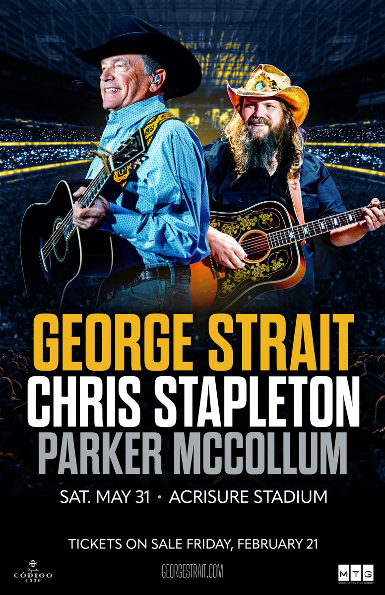 JUST ANNOUNCED: The King of Country is coming to Acrisure Stadium on Saturday, May 31! 🤠 Don’t miss your chance to see <a href="/GeorgeStrait/">George Strait</a> LIVE with Chris Stapleton &amp; Parker McCollum. Tickets on sale Friday, Feb. 21 at 10 AM. 

Sign up for presale access at georgestrait.com/shows