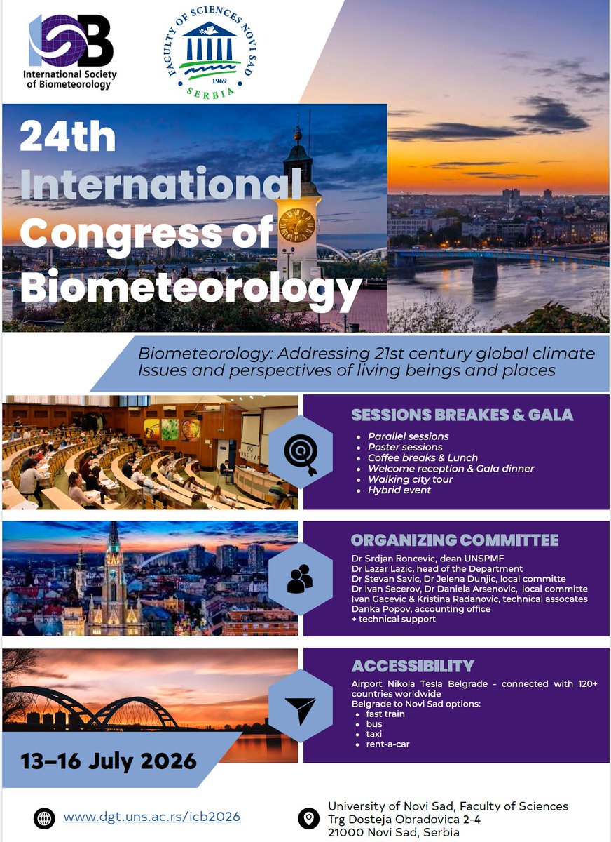 The 24th International Congress of Biometeorology will be held at the Uni. of Novi Sad, Faculty of Sciences in July 13th to 16th 2026. More info will be available in the First Circular that will be launched in June 2025.
We are looking forward to see you in Novi Sad (Serbia)!
