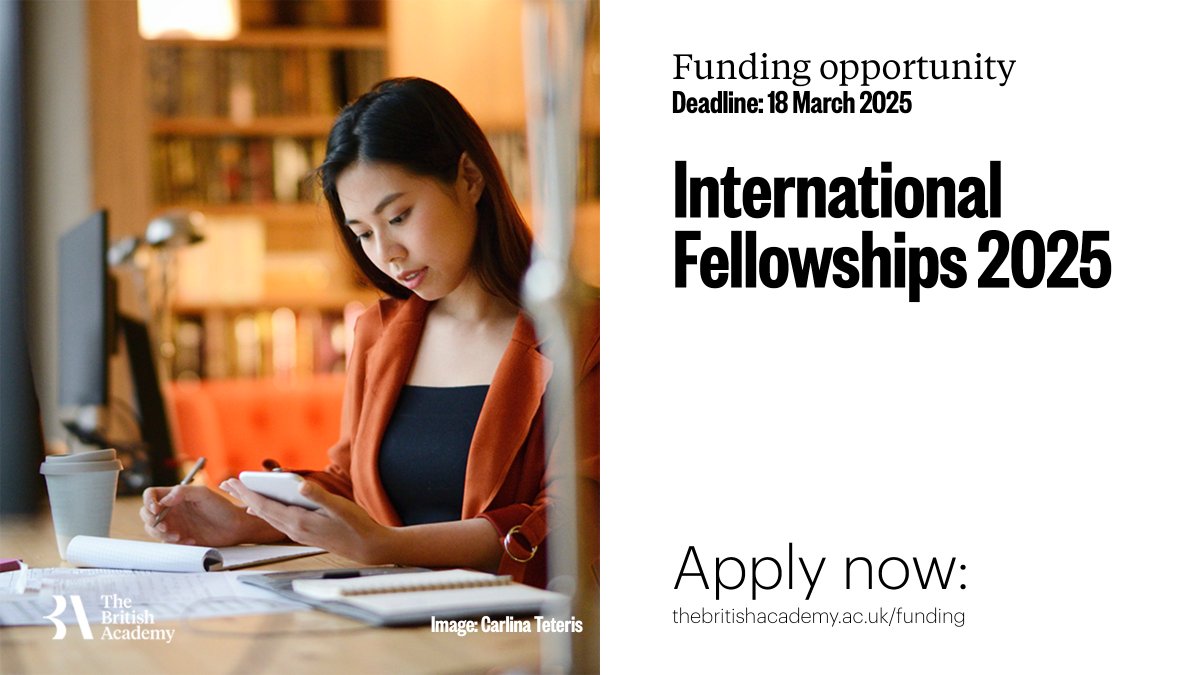 The British Academy (@britishacademy_) on Twitter photo Applications for the International Fellowships 2025, run alongside the <a href="/royalsociety/">The Royal Society</a>, are still open. The scheme supports international early career researchers in fostering research expertise with UK partners over the duration of two years. Apply now: thebritishacademy.ac.uk/funding/intern… Applications for the International Fellowships 2025, run alongside the <a href="/royalsociety/">The Royal Society</a>, are still open. The scheme supports international early career researchers in fostering research expertise with UK partners over the duration of two years. Apply now: thebritishacademy.ac.uk/funding/intern…