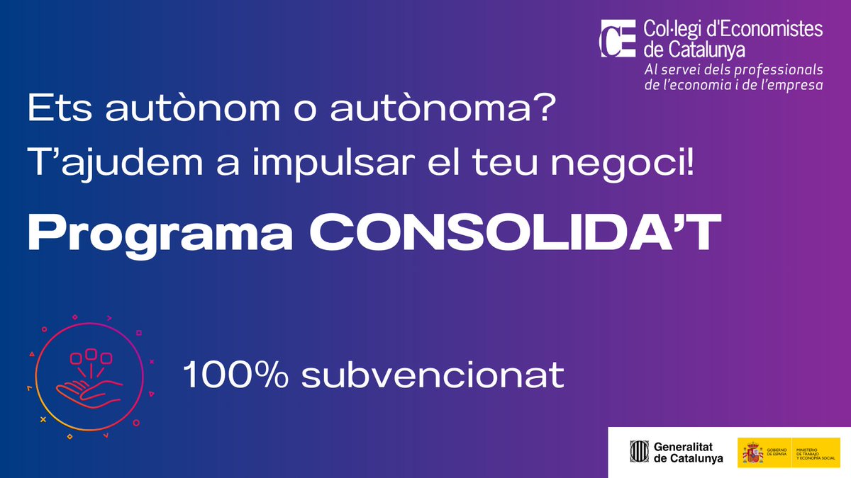 Promo_Economica's tweet image. 📢Ets autònom o autònoma i vols potenciar la teva activitat professional? 

El programa CONSOLIDA&apos;T t&apos;ofereix: 
🫱🏽‍🫲🏼Assessorament i formació gratuïts 
📈Millora la gestió estratègica de la teva empresa
🚀Impulsa la comercialització i innovació

🔗Més info: tuit.cat/dZkwI