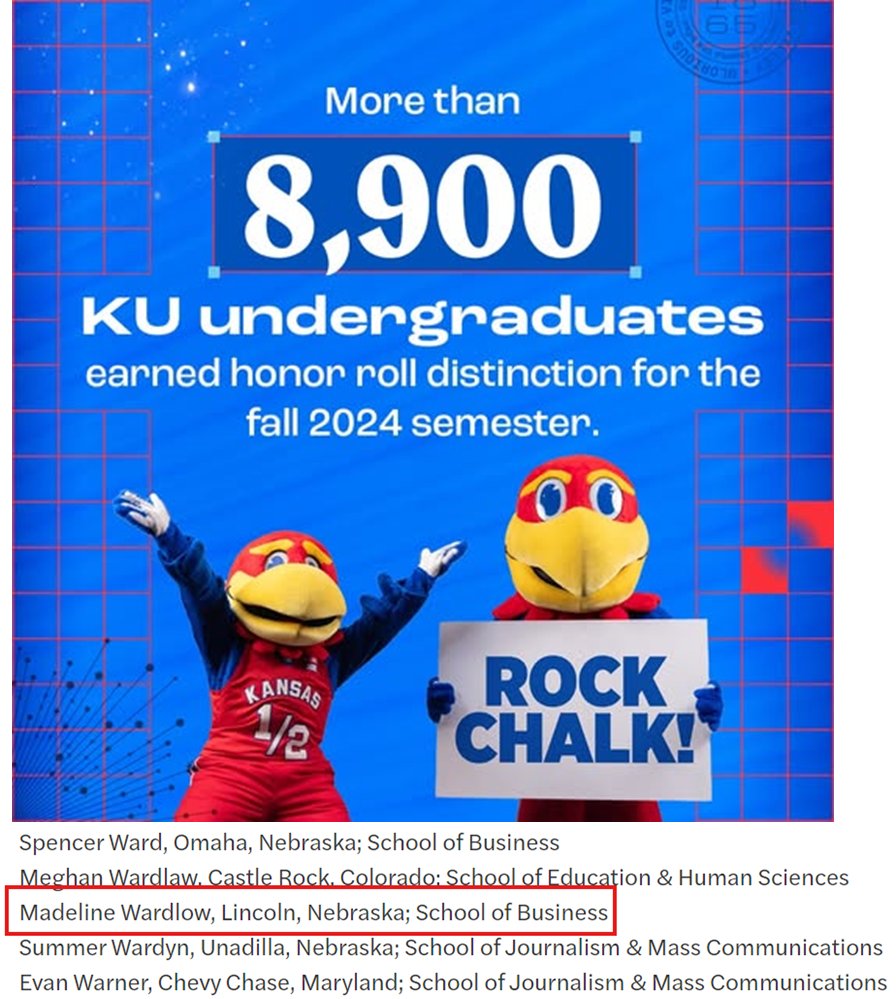 Brian Wardlow (@briandwardlow) on Twitter photo Proud of <a href="/MaddyWardlow/">Maddy Wardlow</a> for being named to the KU academic honor roll for the 2024 Fall semester. Keep up the hard work! Proud of <a href="/MaddyWardlow/">Maddy Wardlow</a> for being named to the KU academic honor roll for the 2024 Fall semester. Keep up the hard work!