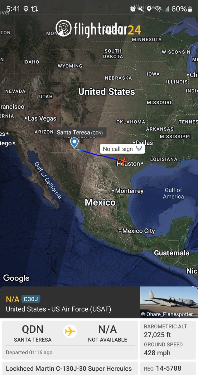 Borrowed7Time's tweet photo. USAF C-130J 14-5788 #AE595C departed El Paso, likely on a deportation flight to Guantanamo.
@sipjack1776 @houstonairw @toystark6886 https://t.co/fKCixiK82p