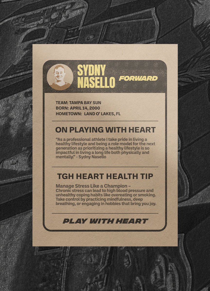 Tampa General Hospital (@tghcares) on Twitter photo This #AmericanHeartMonth, TGH is teaming up with Tampa athletes to spread the word about heart health! We’re sharing inspiring messages from players who #PlayWithHeart, along with TGH Heart Health Tips. See what <a href="/TampaBaySunFC/">Tampa Bay Sun FC</a>'s Sydny Nasello has to say, and follow for more! ❤️ This #AmericanHeartMonth, TGH is teaming up with Tampa athletes to spread the word about heart health! We’re sharing inspiring messages from players who #PlayWithHeart, along with TGH Heart Health Tips. See what <a href="/TampaBaySunFC/">Tampa Bay Sun FC</a>'s Sydny Nasello has to say, and follow for more! ❤️