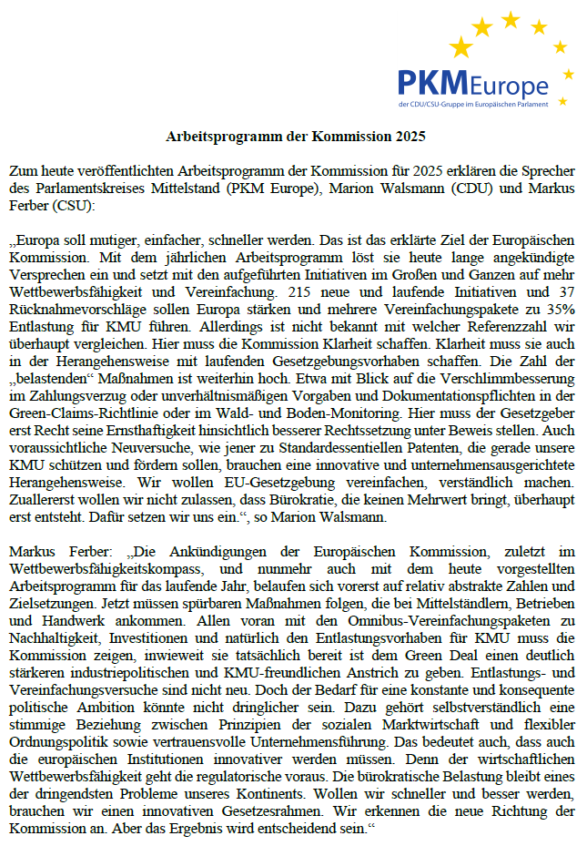 Die Maßnahmen sind formuliert. Das Arbeitsprogramm der <a href="/EU_Commission/">European Commission</a> ist raus und damit die Aufgabenbeschreibung der nächsten Monate und Jahre! Wir wollen EU-Gesetzgebung vereinfachen und verhindern, dass mehrwertfreie Bürokratie überhaupt erst entsteht.
