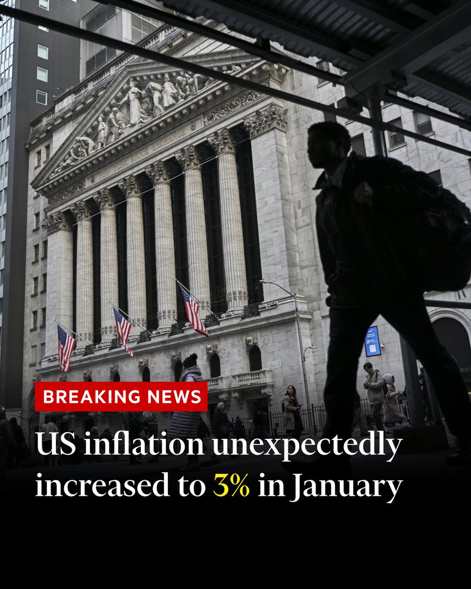 Just in: US inflation unexpectedly increased to 3% in January, bolstering the case for the Federal Reserve to proceed slowly with interest rate cuts and hitting stocks and government bonds on.ft.com/4jSn8h7