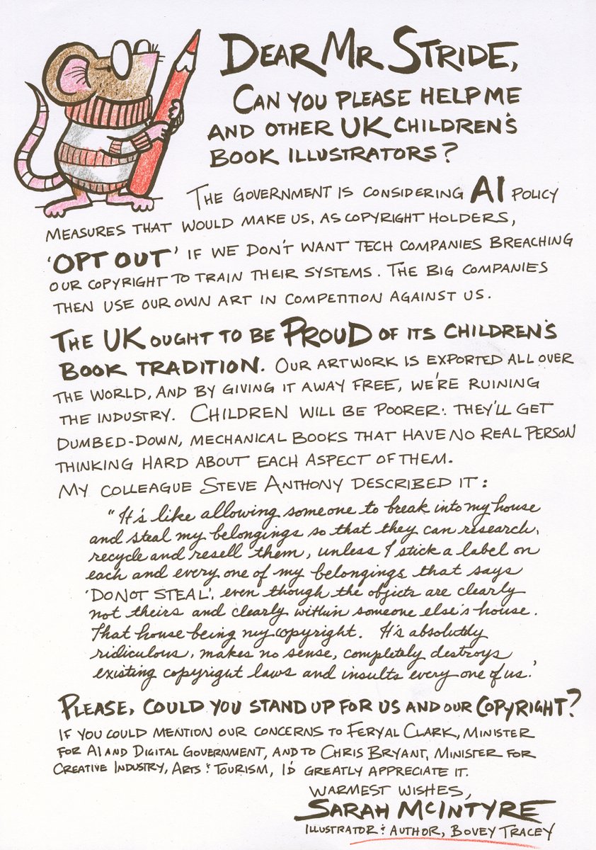A handwritten letter on my illustration work desk to my local MP <a href="/MelJStride/">Mel Stride</a>, asking him to help UK children's book illustrators keep our copyright during the current AI policy consultation ✍️