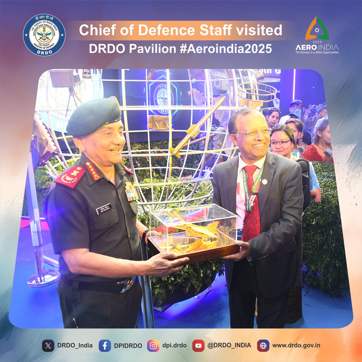 DRDO_India's tweet image. Chief of Defence Staff General Anil Chauhan visited DRDO Pavilion at #AeroIndia2025. During his interaction with Dr B K Das, DG ECS he was briefed about ranges of technologies related to surveillance, sensors, fighters, missiles, electro optics and many more #indigenoustech