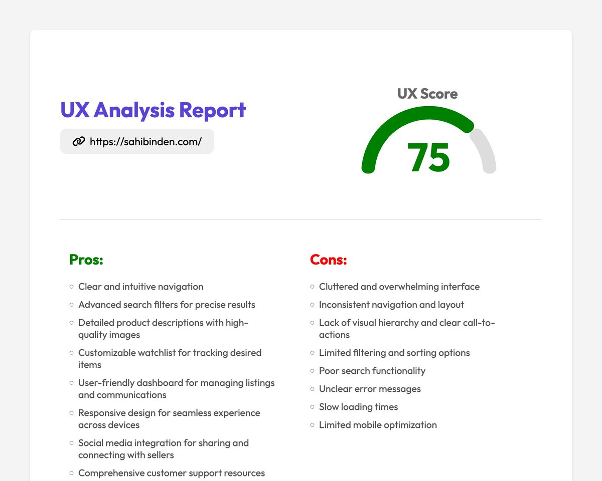 hakancamoglu's tweet image. Yeni projemiz &quot;UX Analysis Report&quot; yayında!

Web sitenizin kullanıcı deneyimi (UX) puanını merak mı ediyorsunuz?
&quot;UX Analysis Report&quot; ile artık çok kolay! Siz de hemen sitenizi test edin.

uxanalysisreport.com

#UX #WebsiteAnalysis #UserExperience #UXDesign