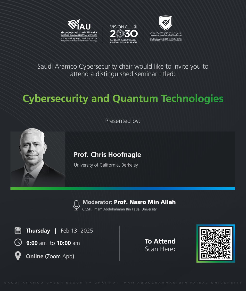 I'm giving the Saudi Aramco Cybersecurity chair seminar tonight (10 PM Pacific) on teaching cybersecurity and the intersection of quantum technologies with cyber