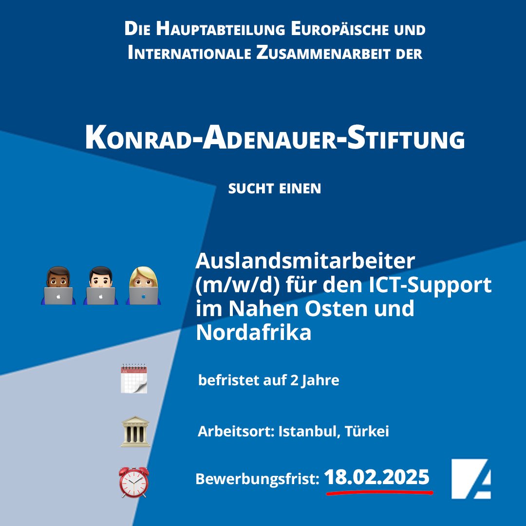 Auslandsinformationen (@auslandsinfo) on Twitter photo Die Hauptabteilung Europäische und Internationale Zusammenarbeit der <a href="/KASonline/">Adenauer-Stiftung</a> sucht einen Auslandsmitarbeiter (m/w/d) für den ICT-Support im Nahen Osten und Nordafrika mit Sitz in Istanbul/Türkei. Jetzt bewerben: interamt.de/koop/app/stell… Die Hauptabteilung Europäische und Internationale Zusammenarbeit der <a href="/KASonline/">Adenauer-Stiftung</a> sucht einen Auslandsmitarbeiter (m/w/d) für den ICT-Support im Nahen Osten und Nordafrika mit Sitz in Istanbul/Türkei. Jetzt bewerben: interamt.de/koop/app/stell…
