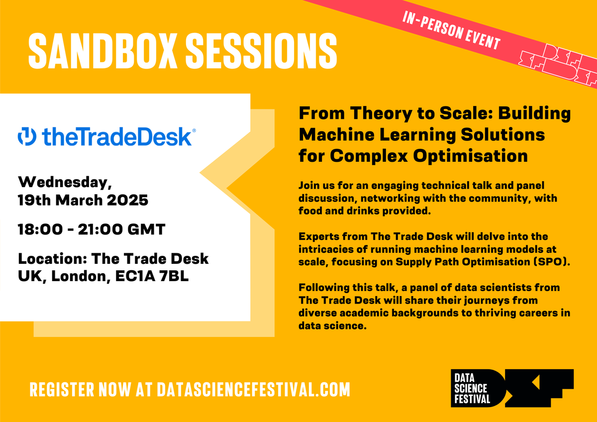 Data Science Festival (@datasciencefest) on Twitter photo We're thrilled to announce an event with <a href="/TheTradeDesk/">The Trade Desk</a> 🎉
Join us for an evening consisting of an engaging technical session, followed by an interactive panel, with networking and food & drinks included!
🎟️ Free tickets: datasciencefestival.com/session/the-tr… We're thrilled to announce an event with <a href="/TheTradeDesk/">The Trade Desk</a> 🎉
Join us for an evening consisting of an engaging technical session, followed by an interactive panel, with networking and food & drinks included!
🎟️ Free tickets: datasciencefestival.com/session/the-tr…
