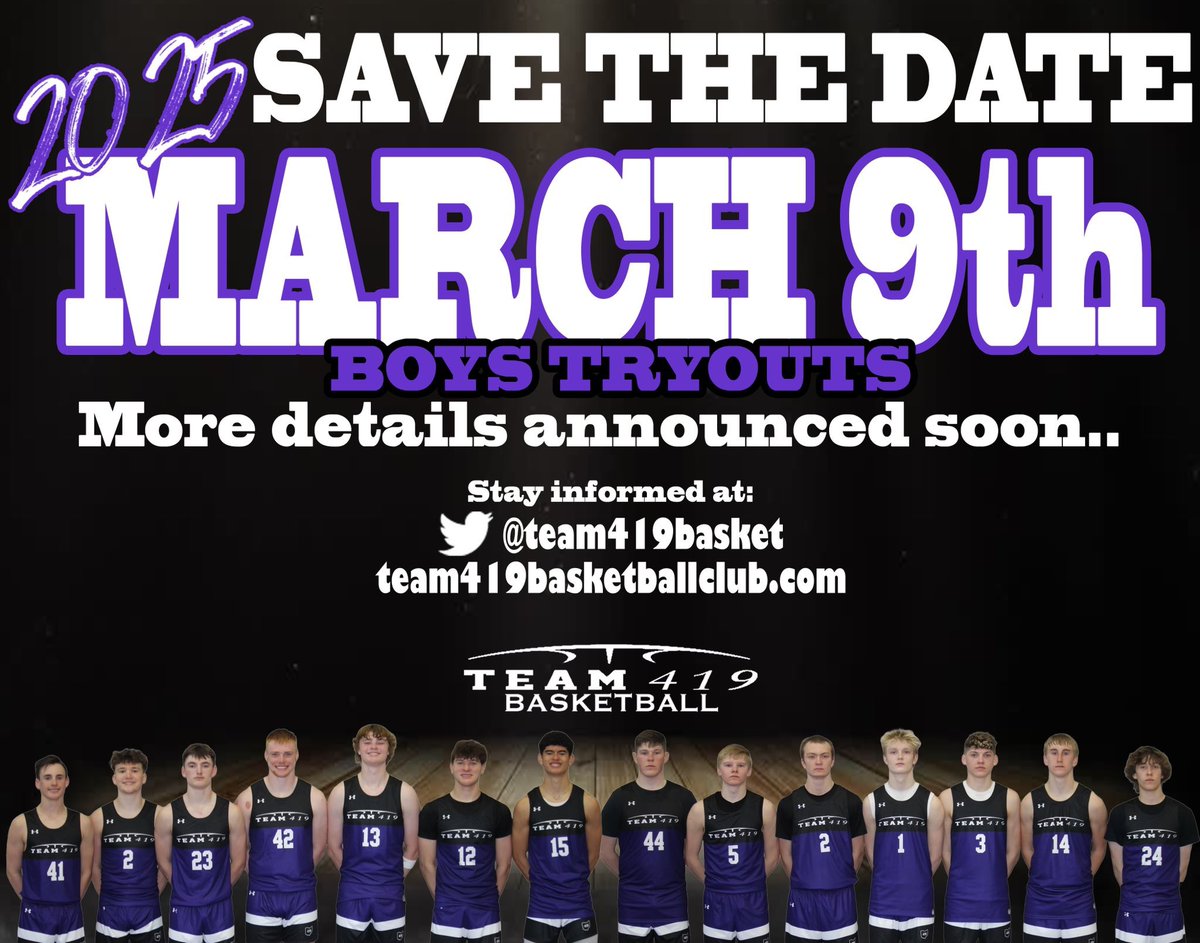 Get registered!  Current 3rd-11th grade.  More details to come!

Link to register for tryouts: cognitoforms.com/TEAM419/Team41…
More info regarding our boys program: team419basketballclub.com/team-419-boys