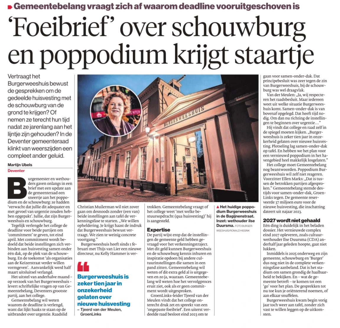 De door college doorgedrukte variant “samen onder 1 dak” is nog steeds geen successtory. Ironisch en wrang:  college roept opeens op tot urgentie terwijl beide instellingen al jaren bungelen door eigen getreuzel en gedraai …
<a href="/ds_Deventer/">de Stentor Deventer</a>