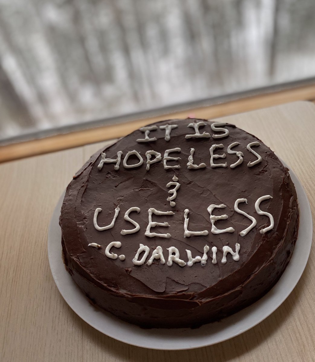 FossilHistory's tweet image. This year's masterpiece of a Darwin cake is inspired by one of Darwin's moods: "I am tired today & no heart to write & indeed not a word to say. I work a little every day with groans & sighs & am as dull as a pig. It is hopeless & useless." Relateable. Happy Darwin Day. 😂