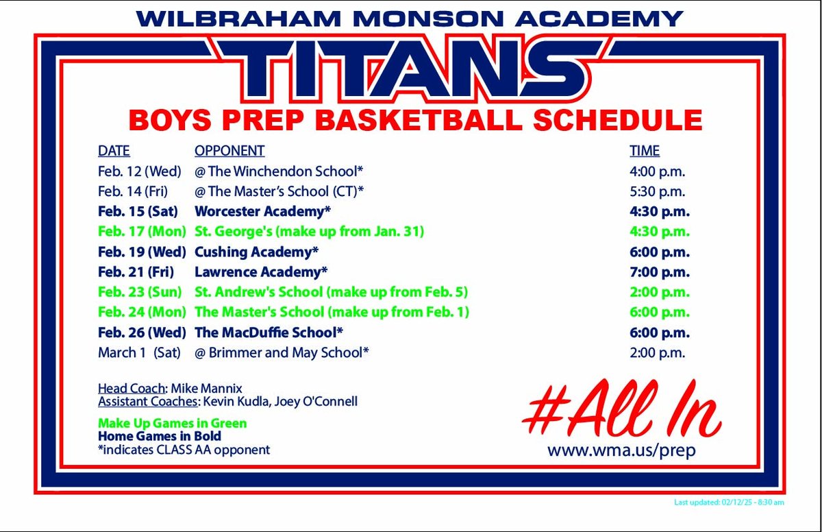 Mike Mannix (@coach_mannix) on Twitter photo Updated schedule for <a href="/WMA_Basketball/">WMA Basketball</a> for the last 10 games of the year. All 10 are Class AA games.
10 games in 18 days. #ALLIN
<a href="/NEPrepBB/">NE Prep Mens Basketball</a> Updated schedule for <a href="/WMA_Basketball/">WMA Basketball</a> for the last 10 games of the year. All 10 are Class AA games.
10 games in 18 days. #ALLIN
<a href="/NEPrepBB/">NE Prep Mens Basketball</a>