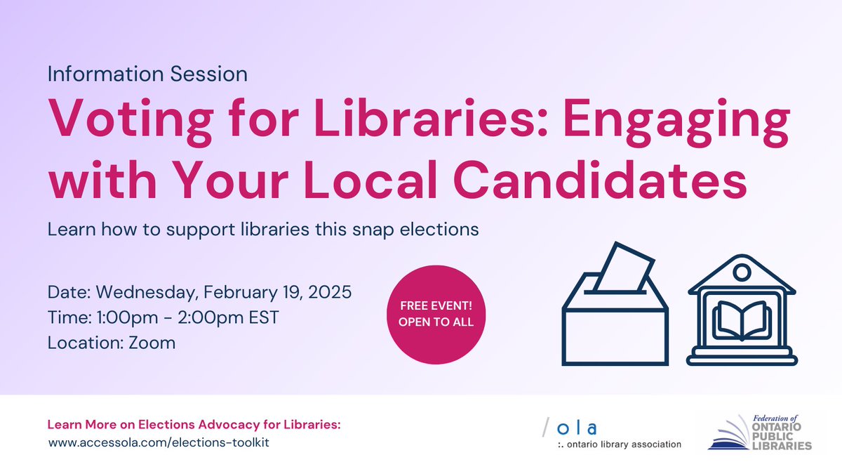 Ontario’s snap election is here, and FOPL &amp; OLA are making sure libraries have a voice! Join our info session on Feb 19 &amp; learn how to make an impact! Register now!

accessola.my.site.com/OLA/s/lt-event…